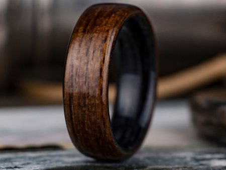 (In-Stock) Custom USS New Jersey Teak Wood Wedding Band with Weathered Whiskey Barrel Liner - Size 10 | 7mm Wide For Sale