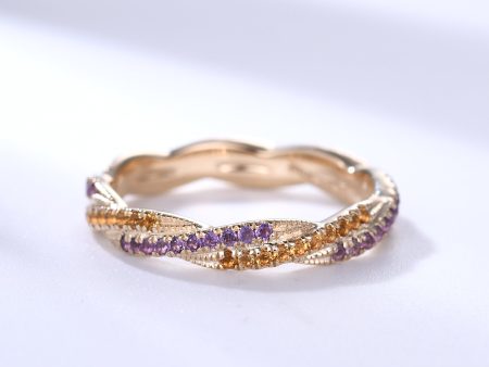 Twisted Amethyst Citrine Yellow Gold Double Wedding Band Full Eternity Ring For Women Fashion