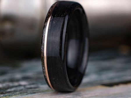 (In-Stock) The Whiskey Canyon | Weathered Whiskey Barrel Wedding Band, Elk Antler Edge & Offset 14k Rose Gold Inlay - Size 15.75 | 8mm Wide For Sale