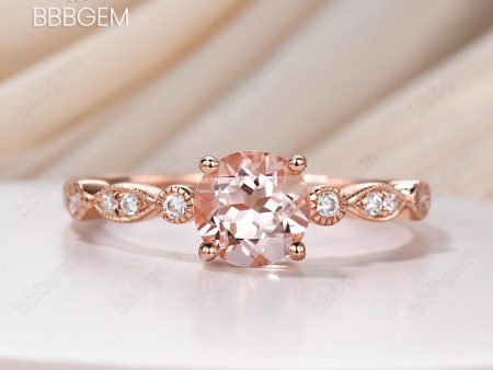 1 Carat Round Natural Morganite Ring 18K Rose Gold Plated Silver Bridal Ring Milgrain Marquise and Moissanite Ring For Discount