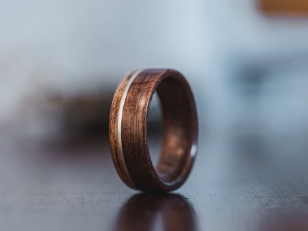 (In-Stock) Antique Walnut Wooden Ring, Offset Sterling Silver, & Chestnut Edge - Size 9.75 | 8mm Wide Hot on Sale