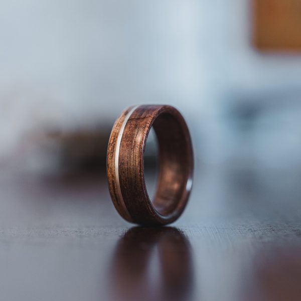 (In-Stock) Antique Walnut Wooden Ring, Offset Sterling Silver, & Chestnut Edge - Size 9.75 | 8mm Wide Hot on Sale