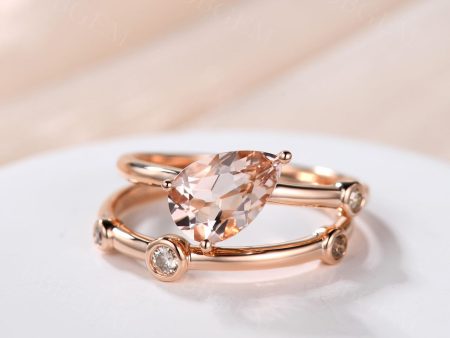 Unique 6x9mm Pear Shaped  Morganite Engagement Ring Set Coffee Drill Fashion