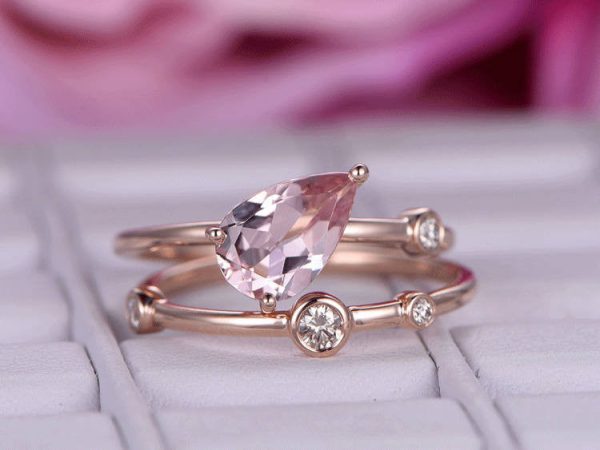 Unique 6x9mm Pear Shaped  Morganite Engagement Ring Set Coffee Drill Fashion