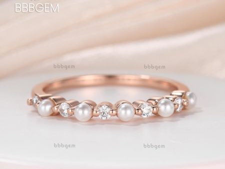 2.5mm Freshwater Pearl Moissanite Ring Wedding Band For Women Duo Five Stone Alternating Stackable Band in 18k Rose Gold Online Hot Sale