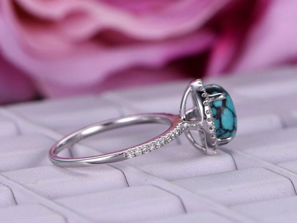 Diamond Halo Oval Turquoise Ring White Gold December Birthstone Jewelry For Sale