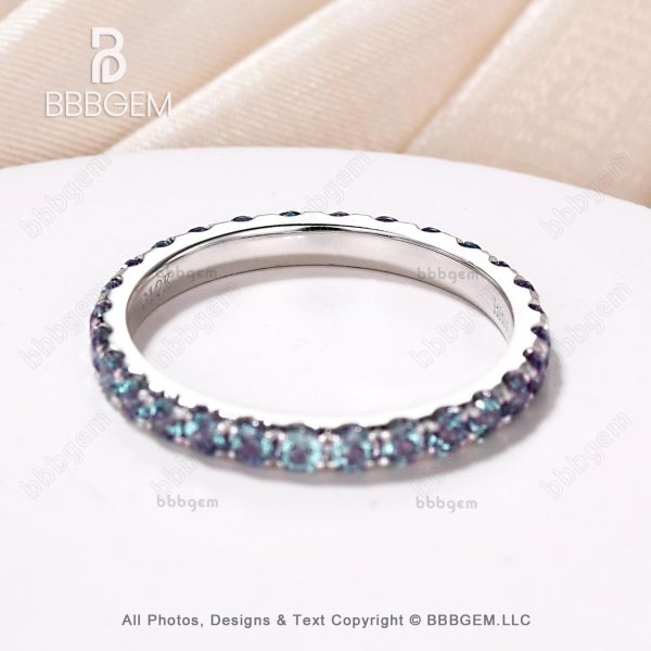 Round Cut Lab Alexandrite band 14k white gold Stackable bridal wedding band Full Eternity Ring Petite pave anniversary ring Prongs Set For Discount