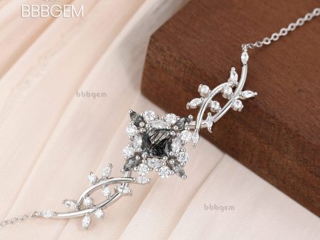 Personalized 14K Gold Cluster Black Rutilated Quartz Moissanite Filigree Art Women s Princess Necklace Online now