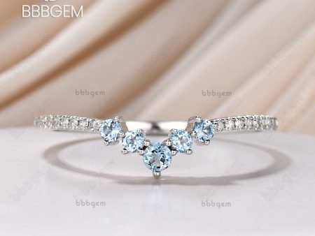 Curve Wedding Band with 5-round Aquamarine Platinum White Gold Chevron Nesting Stacking Ring Online Hot Sale