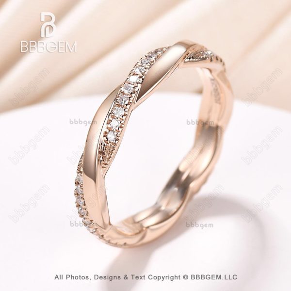 Twist Diamond Wedding Band in Solid Rose Gold Stacking Matching Wedding Ring Supply