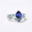 Nature Inspired Pear Blue Sapphire Ring Set Vintage Sapphire Emerald Bridal Ring Set Twig Leaf Vine Wedding Ring September Birthstone Jewelry Online now