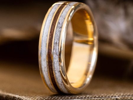 The Aspen | Men s Gold Wedding Band with Elk Antler & M1 Garand Rifle Stock Wood Cheap