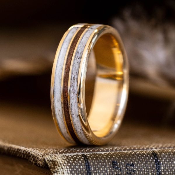 The Aspen | Men s Gold Wedding Band with Elk Antler & M1 Garand Rifle Stock Wood Cheap