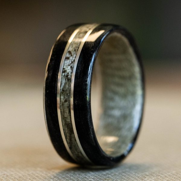 (In-Stock)  Weathered Whiskey Barrel Ring, Weathered Maple & Dual Sterling Silver - Size 8 | 8mm Wide Fashion