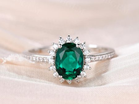 Emerald Engagement ring 6x8mm Oval Cut Vintage Emerald Ring White Gold CZ Wedding Ring Online Sale