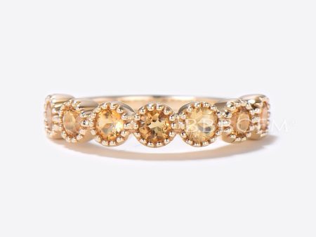 3mm Round Citrine Wedding Band 7-Stone Anniversary Bridal Mother Ring 14K Yellow Gold Milgrain Women November Birthstone Ring For Sale