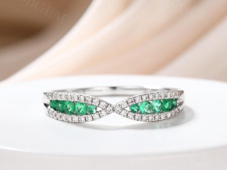 X Split Shank Natural Emerald and Diamond Crossover Wedding Band Women 18k White Gold Cheap