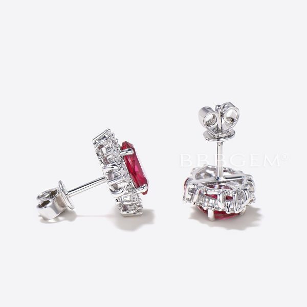 1.5CT Oval Cut Red Ruby Stud Earrings 14k White Gold Halo Diamond Earrings For Sale