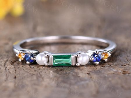 Baguette Emerald and Pearl Wedding Band Rainbow Pride Mixed Stone Family Ring June Birthday Gift For Cheap