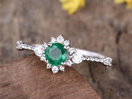 Minimaist Ring Natural Emerald Engagement Rings May Birthstone 5mm Round Zambian Emerald Online Hot Sale