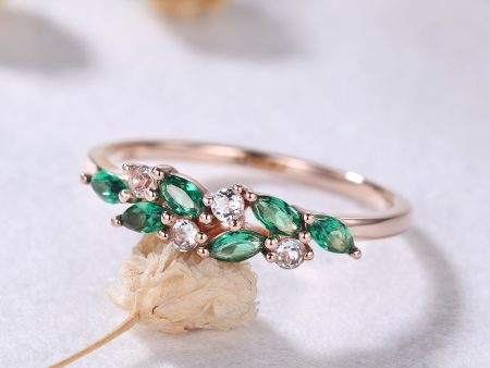 Unique Dainty Emerald Aquamarine Cluster Wedding Band 14k Rose Gold Ring for Mom Online Sale