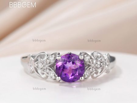 Round Amethyst Engagement Ring art deco wedding band,antique Amethyst floral ring white gold For Sale