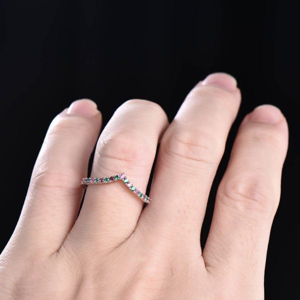 14K  18K Custom Pink Tourmaline  And Emerald White Gold Curved Wedding band Online now