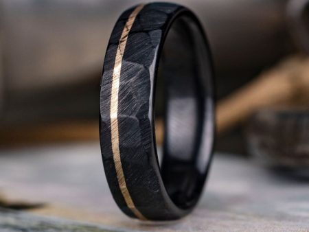 (In-Stock) The Apollo Noir | Men s Hammered Black Titanium Wedding Band with Offset 14k Yellow Gold Inlay - Size 9.5 | 6mm Wide Online