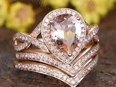 3pcs Pear Pink Morganite Ifinity Bridal Ring Set in 18k Rose Gold 2.2 Carat For Cheap