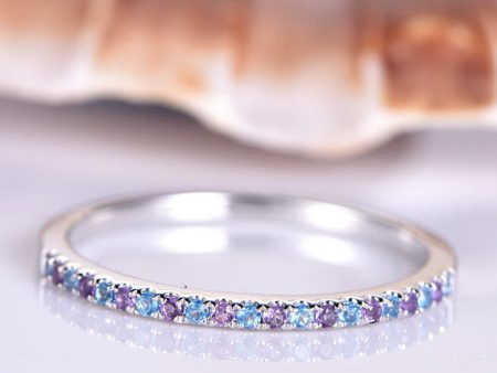 Amethyst Wedding Band Blue Topaz Amethyst Ring 14k White Gold Stacking Ring Half Eternity Matching Band Anniversary Ring Petite Thin Band on Sale