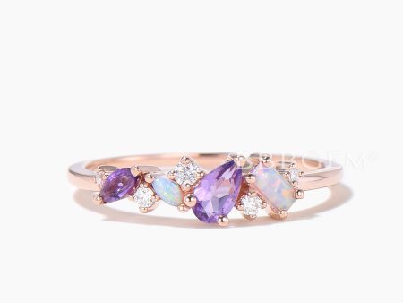 Vintage Pear Amethyst Wedding Band Rose Gold Opal Moissanite Cluster Wedding Ring Mixed Stone Promise Band Multi Birthstone Family Ring Cheap