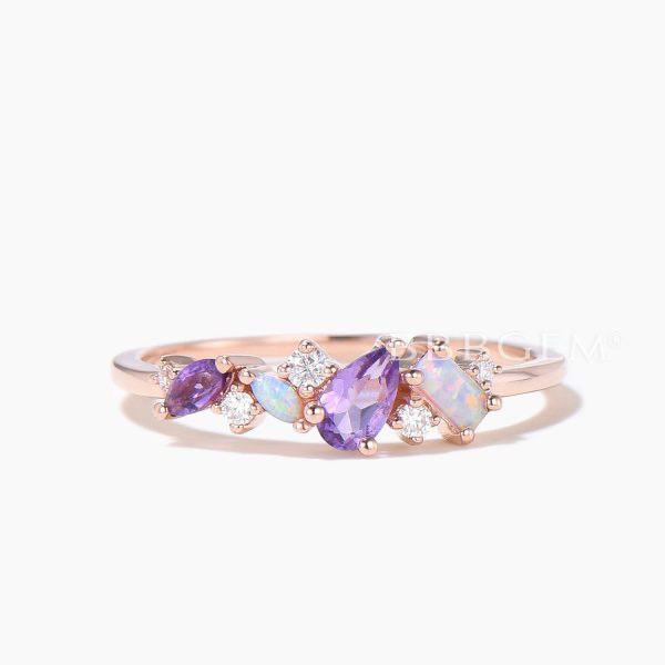 Vintage Pear Amethyst Wedding Band Rose Gold Opal Moissanite Cluster Wedding Ring Mixed Stone Promise Band Multi Birthstone Family Ring Cheap