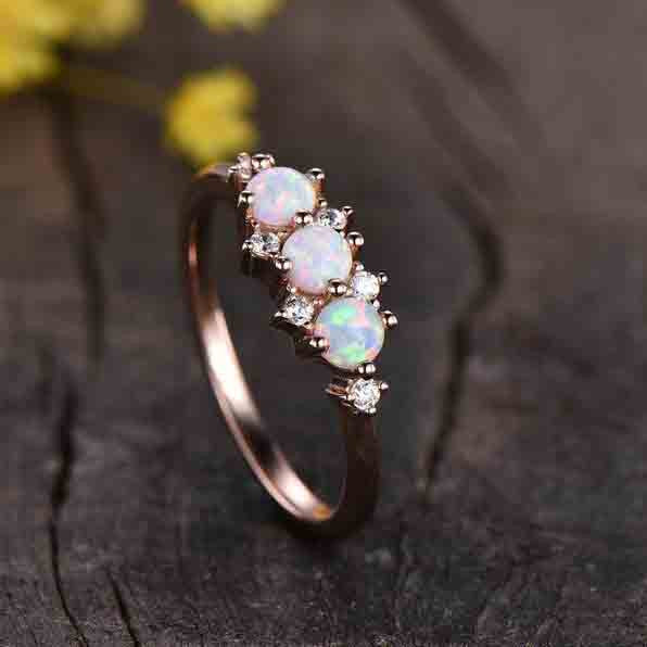 14K 18K Gold Antique White Opal Diamond Rose Gold Engagement Ring Three Stone Discount