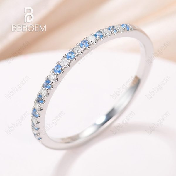 Blue Topaz and Diamond Wedding Rings 14k White Gold Thin Pave Half Eternity Band Anniversary Ring Online Hot Sale