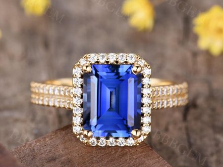 Vintage 8X10mm Diamond Halo Emerald Cut Sapphire Ring Yellow Gold Diamond Wedding Band 4 Carat For Discount