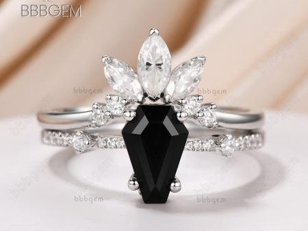 Women Black Onyx Coffin Statement Ring Set Three Stone Marquise Moissanite Curve Band White Gold Promise Ring Discount