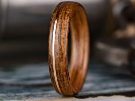 (In-Stock) The USS New Jersey | Men s Battleship Teak Wood Wedding Band with Whiskey Barrel Liner & Offset 14K Yellow Gold Inlay - Size 10.75 | 5mm Wide Online Sale