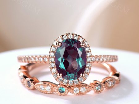 Alexandrite Diamond Ring In Rose Gold Half Eternity Diamond Wedding Band 6x8mm Oval Cut For Sale