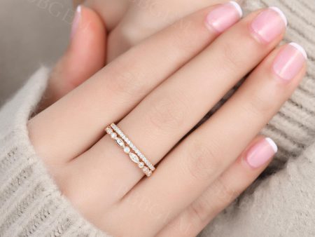 2pcs Diamond matching band in 14k rose gold Milgrain wedding ring Art deco marquise Half eteniry ring Milgrain edge anniversay ring Pave set Fashion