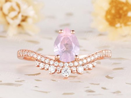 0.8CT Art Deco Pear Cut Rose Quartz Engagement Ring Diamond Wedding Band Sale