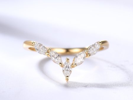 Yellow Gold Marquise Moissanite Wedding Ring Curved Chevron Matching Band for Women Hot on Sale