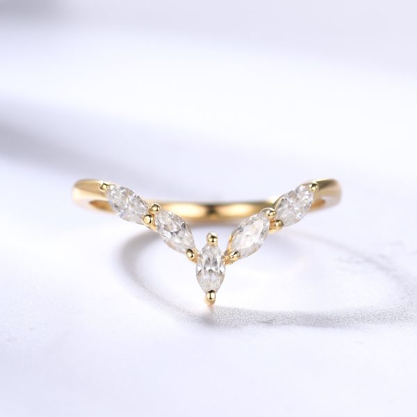 Yellow Gold Marquise Moissanite Wedding Ring Curved Chevron Matching Band for Women Hot on Sale