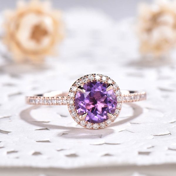 Natural 7mm Round Cut Amethyst Engagement Ring Diamond Wedding Ring 14k Rose Gold Halo Prong Set Online Hot Sale