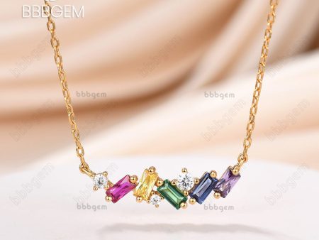 14k Yellow Gold Baguette Cut Rainbow Sapphire Citrine Amethyst Colorful  Pendant Necklace Scatter Bar Fashion Necklace Hot on Sale