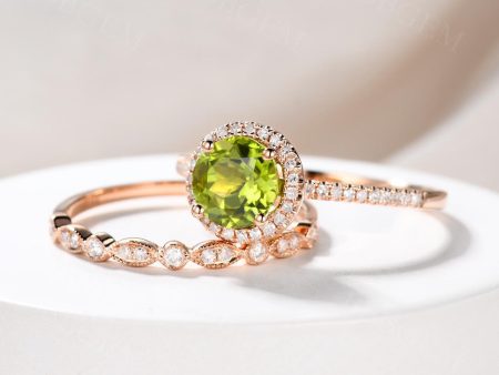 Peridot Engagement Ring Set 7mm Round Cut Peridot Bridal Sets And Diamond Wedding Band in Solid 14K Yellow Gold Online Hot Sale