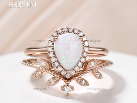 Vintgae 14K 18K Gold Pear Opal Rose Gold Wedding Set Halo leaf Band Hot on Sale