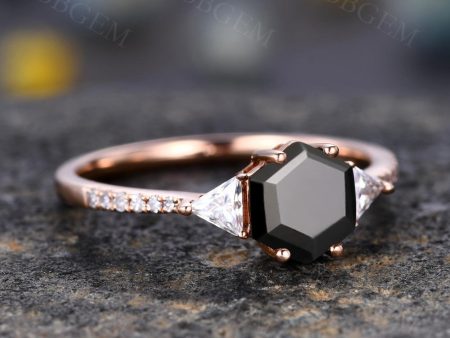 Hexagon Black Onyx Wedding Ring With Trillion Moissanite Side Stones Online