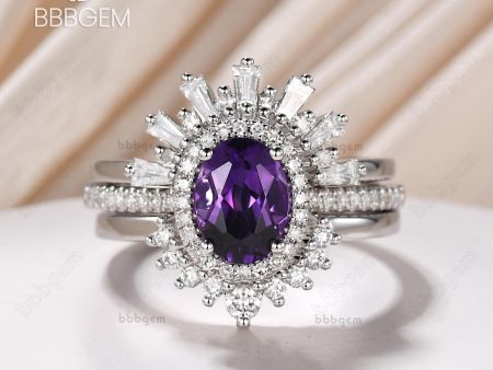 3pcs Vintage Oval Cut Purple Natural Amethyst Bridal Set Diamond Wedding Band Cocktail Ring Fashion