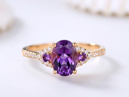 Vintage 6x8mm Oval Cut Amethyst Diamond Engagement Ring In Yellow Gold Cheap