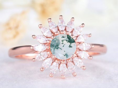 0.5CT Sunflower Floral Round Cut Moss Agate Engagement Ring Diamonds Halo Ring Rose Gold Hot on Sale